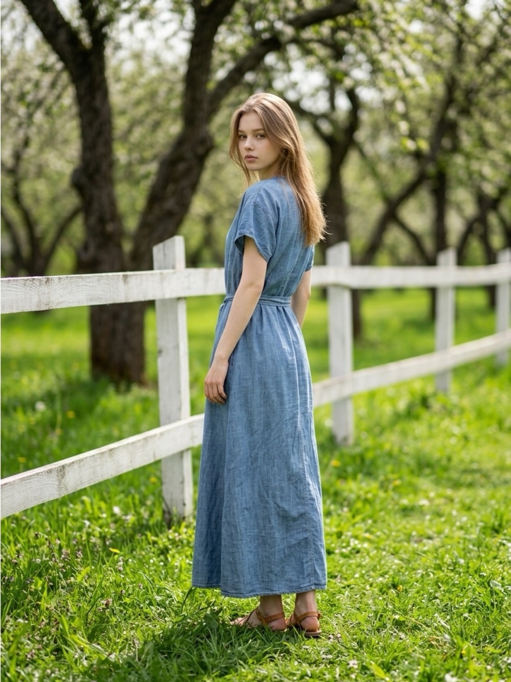 Wash Lab Denim BoHo Cowgirl Short Sleeve Maxi Dress size L - Picture 3 of 14